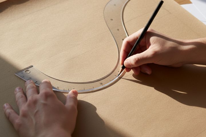 Patrón trazado sobre papel kraft con curvas y piquetes